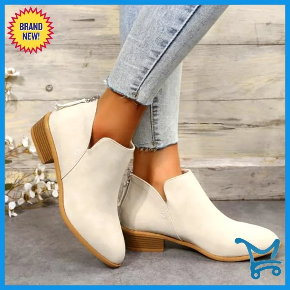 Women's Faux Suede Ankle Boots with Low Block Heel and Side Zipper